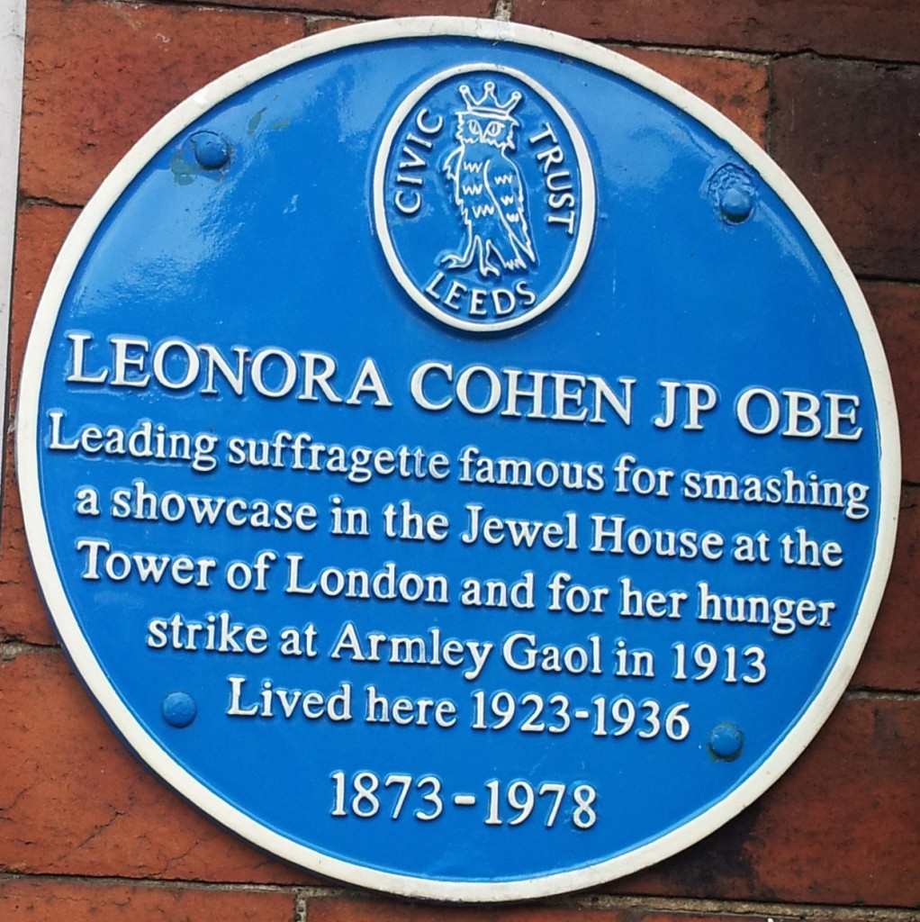 A blue plaque commemorating the life of Leonora Cohen outside her home in Leeds. "Leonora Cohen" by P-khoo is licensed under CC BY 2.0
