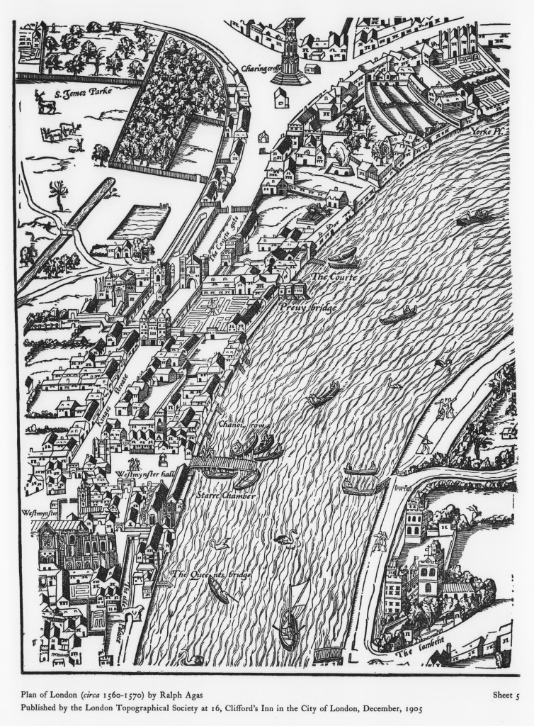 A section of an Elizabethan map of London, showing Whitehall Palace and the surrounding area c. 1561-70. Crown Copyright: Historic Royal Palaces. Whitehall Palace is shown in the middle with Charing Cross at the top and Westminster Abbey at the bottom. The Whitehall tiltyard is in the middle, to the right of ‘Court Gate’, represented by a long s-shaped tilt barrier.