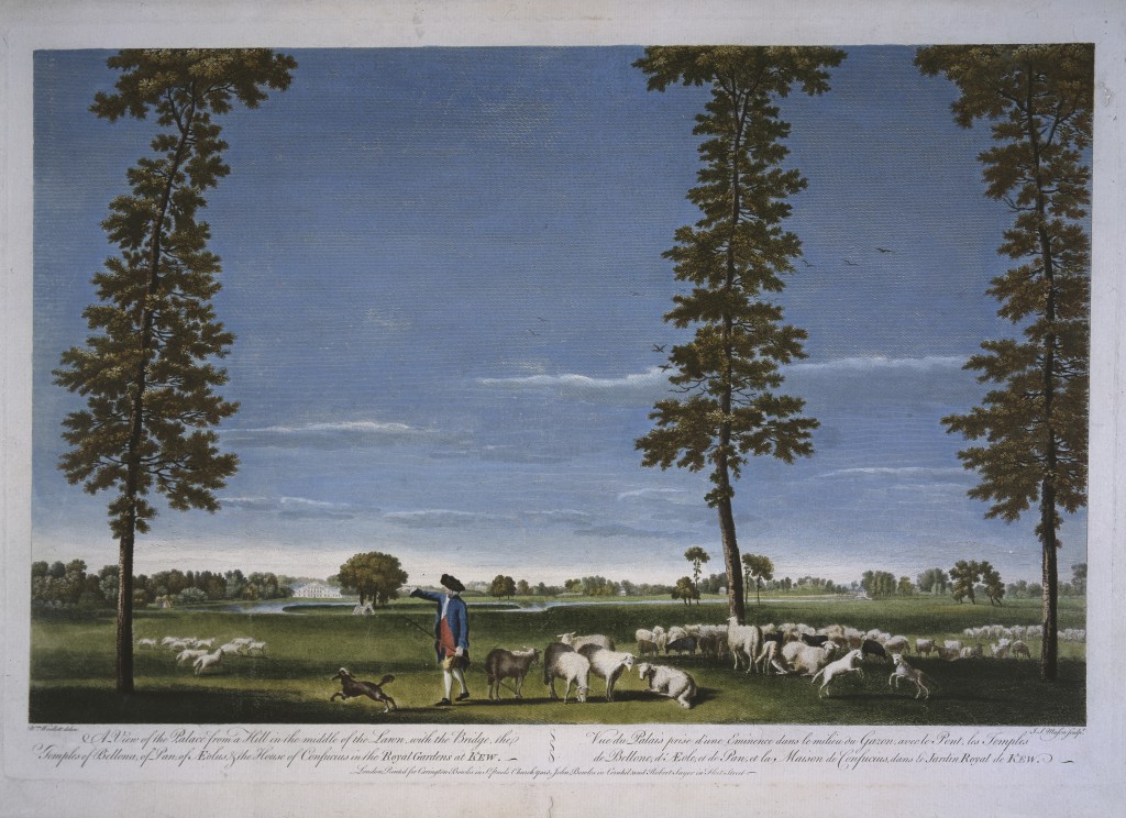 A view of Kew Gardens with a flock of sheep, by William Woollett, c1765 (© Historic Royal Palaces)