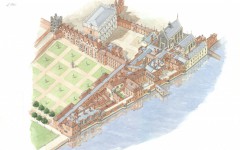 Reconstruction of Whitehall Palace in the reign of Charles II showing the Privy Garden on the left. Crown Copyright: Historic Royal Palaces.