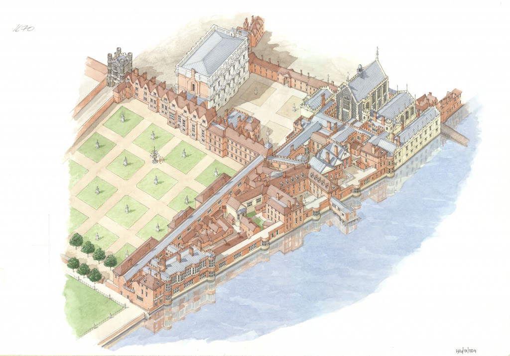 Reconstruction of Whitehall Palace in the reign of Charles II showing the Privy Garden on the left. Crown Copyright: Historic Royal Palaces.