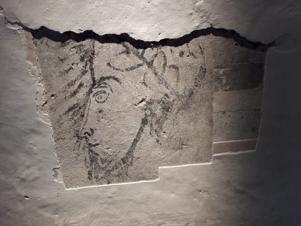 The head is gazing to his/her right which indicates that the subsequent plaster layers hide a larger composition. However, we may not be able to uncover it entirely as the marbling scheme is also of historical interest.