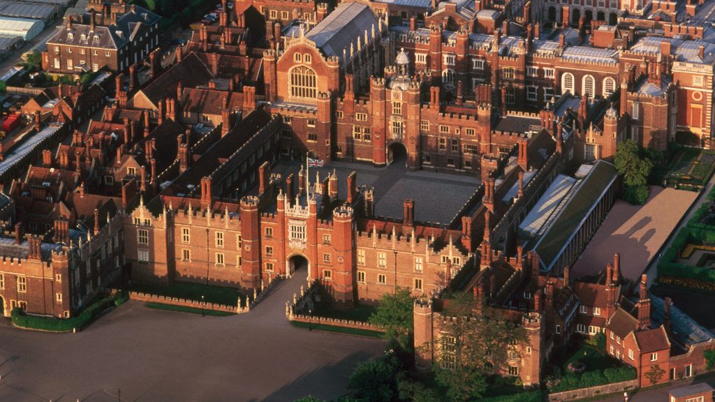 Aerial image of Hampton Court Palace showing the vast Tudor architecture